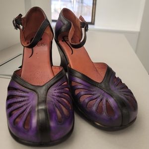 Fluevogs Lulu kitten wedge heeled sandals dyed purple leather women's 10.5.